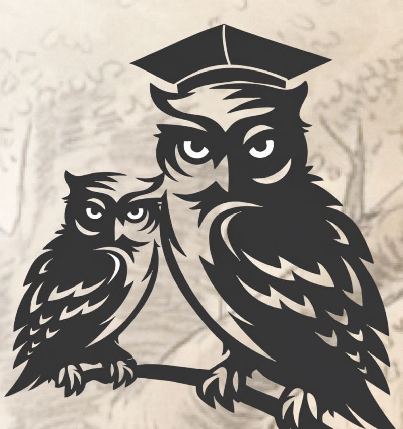 Dwie sowy, jedna w czapce akademickiej.