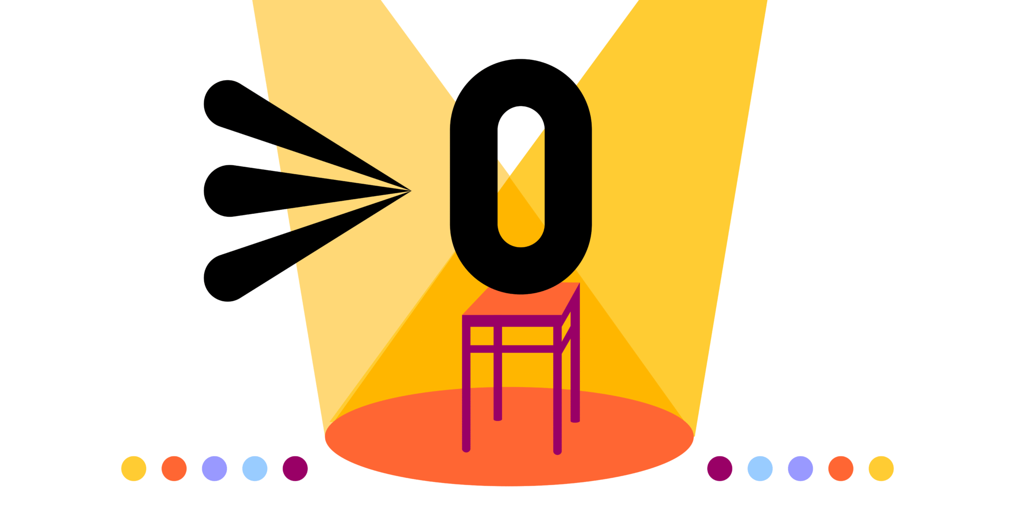 Kolorowa grafika przedstawiająca literę O w świetle reflektorów.