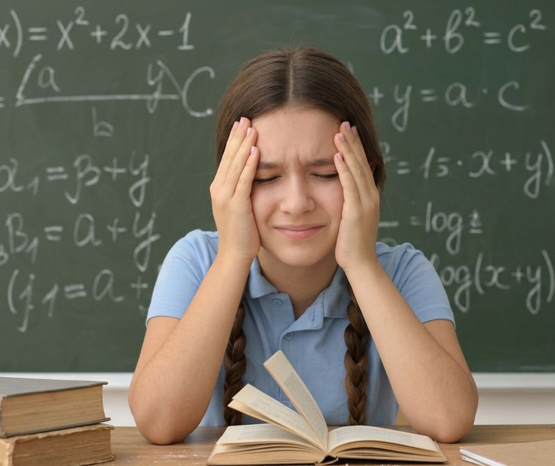 Uczennica ze zmartwioną miną opiera głowę na dłoniach. W tle tablica ze wzorami matematycznymi.