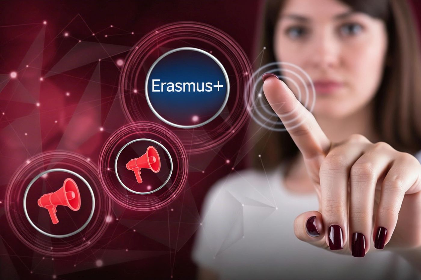 Kobieta dotyka przezroczystego ekranu z graficznymi przyciskami.