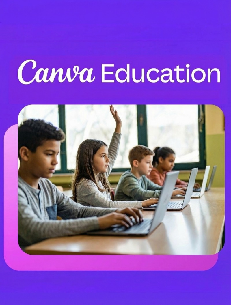 Uczniowie przy laptopach. Napis: Canva education.