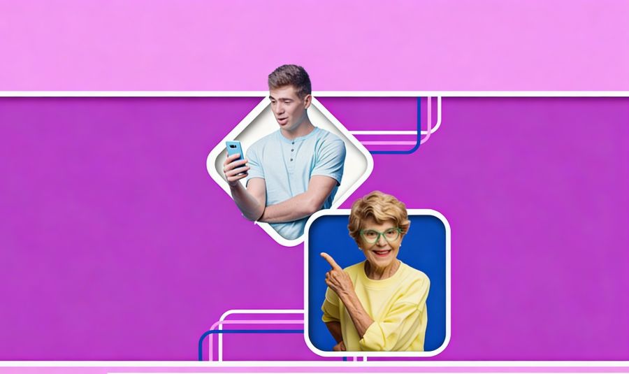 Uśmiechnięta seniorka i chłopak ze smartfonem