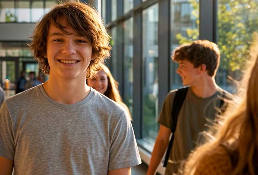 Młodzież na korytarzu szkolnym.