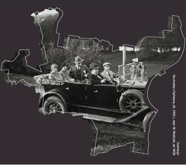 Grafika czarno-biała, na której kilka osób siedzi w starym samochodzie.