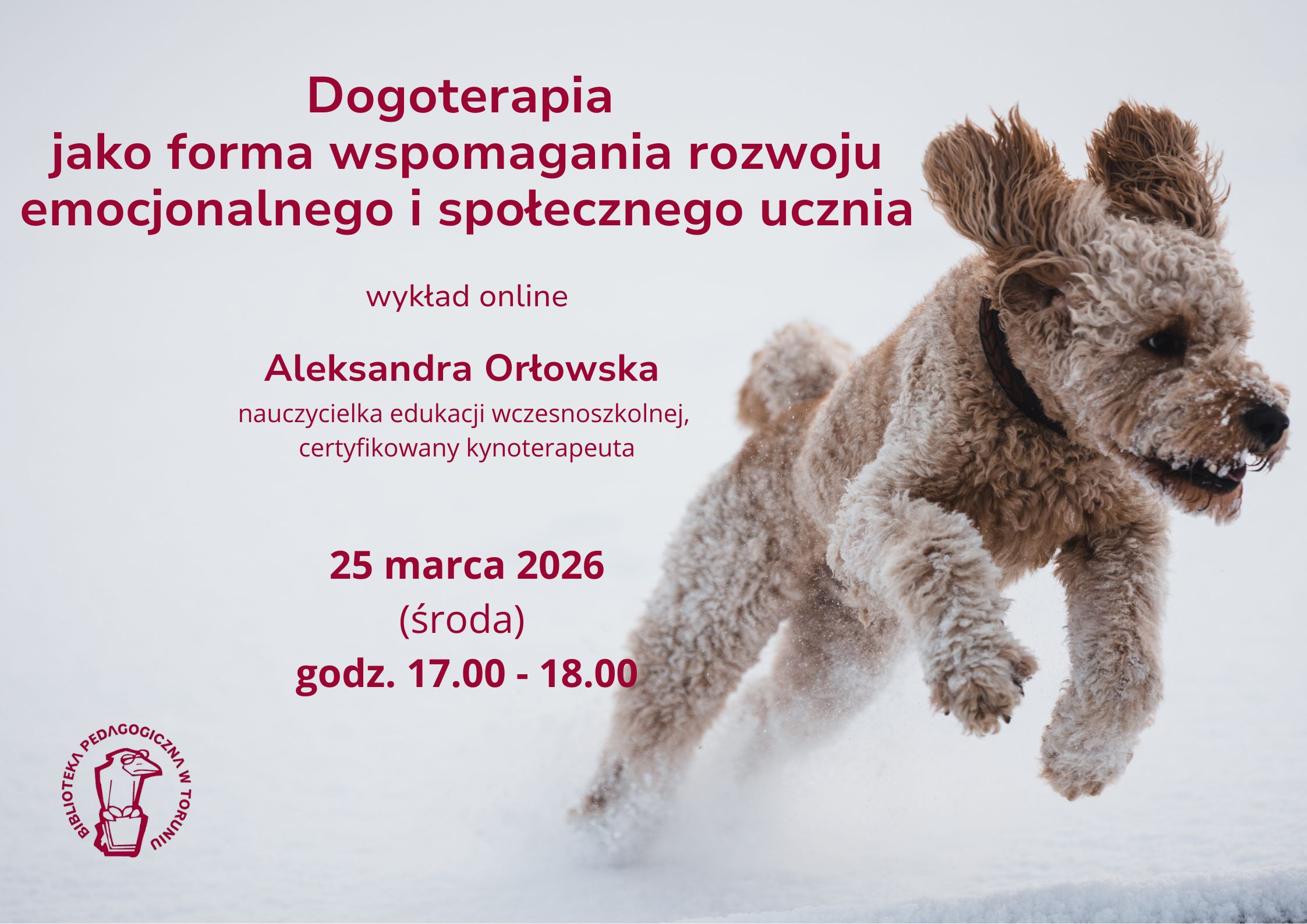 Plakat z podstawowymi informacjami o wydarzeniu, tło z motywem biegnącego radosnego psa.