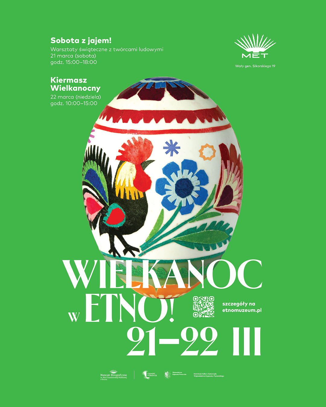 Plakat Wielkanoc w Etno, podstawowe informacje o wydarzeniach, motyw kolorowej pisanki i logotypy organizatorów. 
