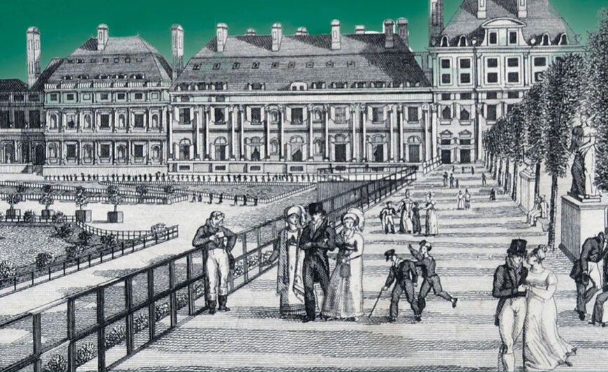 Rycina z pałacem i jego mieszkańcami w strojach z ubiegłych stuleci.