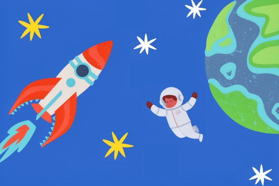 Astronauta, rakieta i fragment planety.