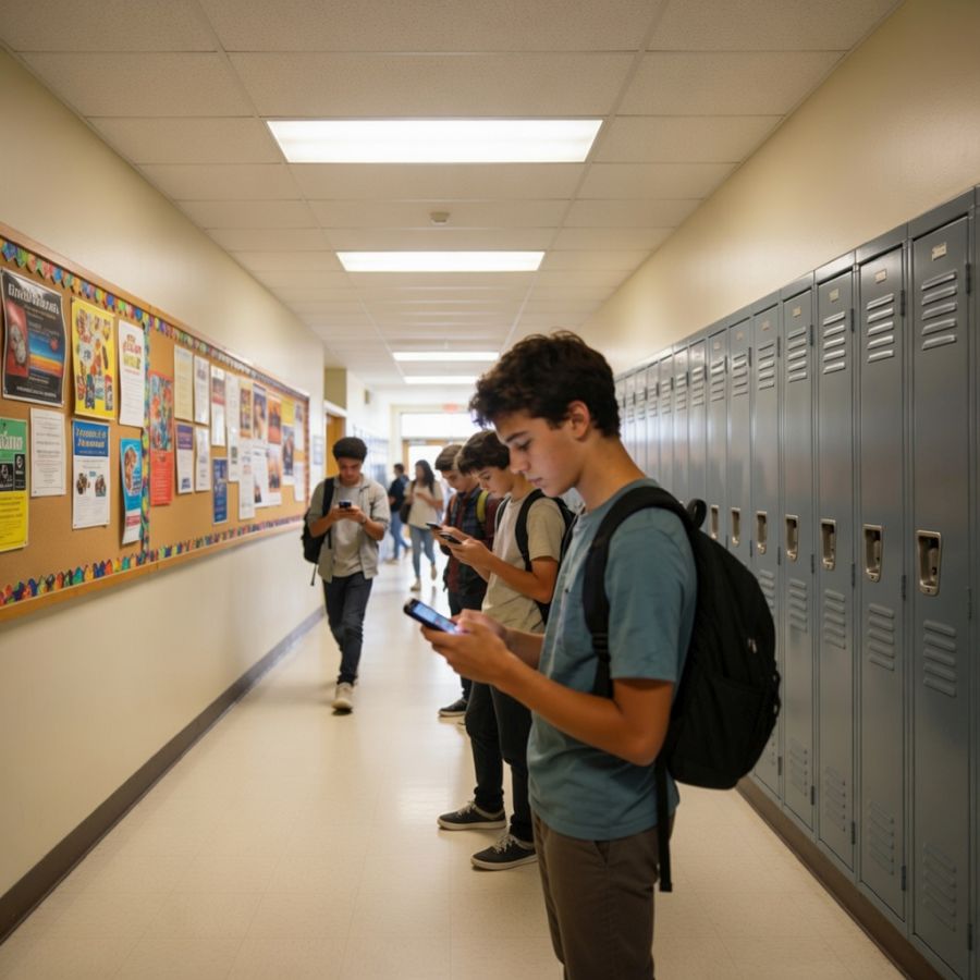 Uczniowie wpatrzeni w smartfony na korytarzu szkolnym.