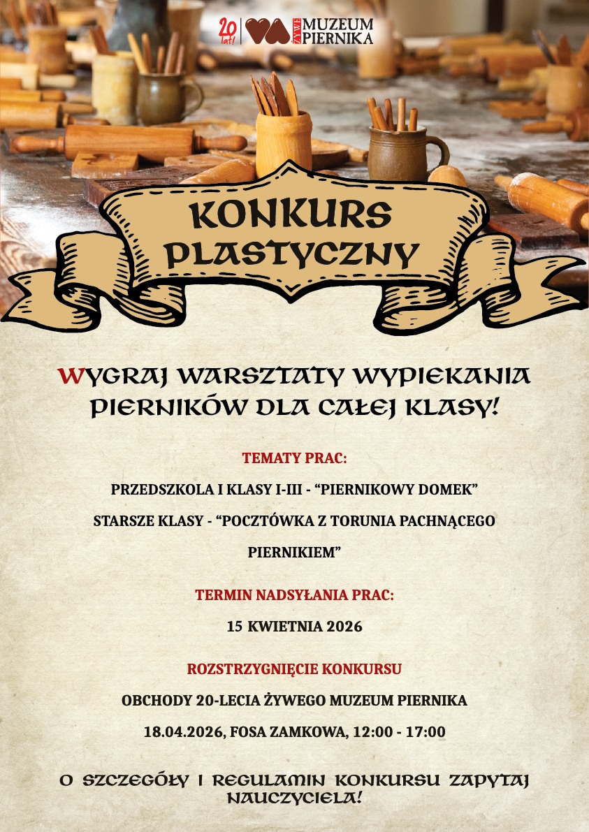Plakat w barwach beżowo-brązowych informujący o konkursie plastycznym.