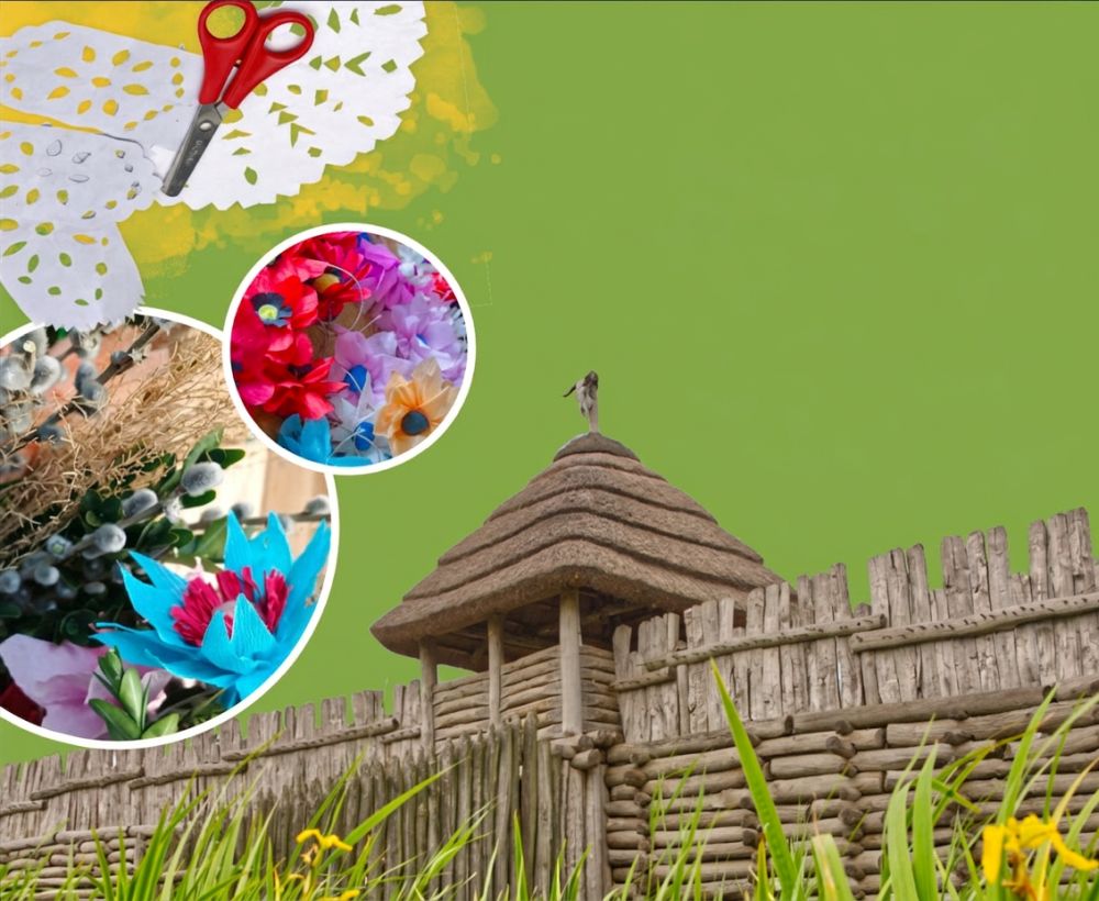 Gród piastowski oraz motywy ludowe: wycinanki, kwiaty.