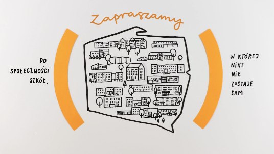 Grafika z mapą Polski z budynkami szkół.