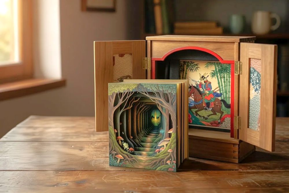 Książka tunelowa i teatrzyk kamishibai na stoliku.