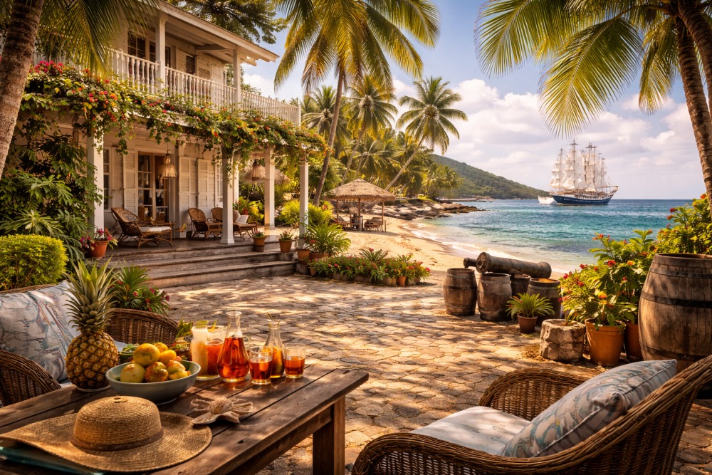 Egzotyczna, malownicza wyspa, dookoła palmy, fragment budynku, w oddali żaglowiec.