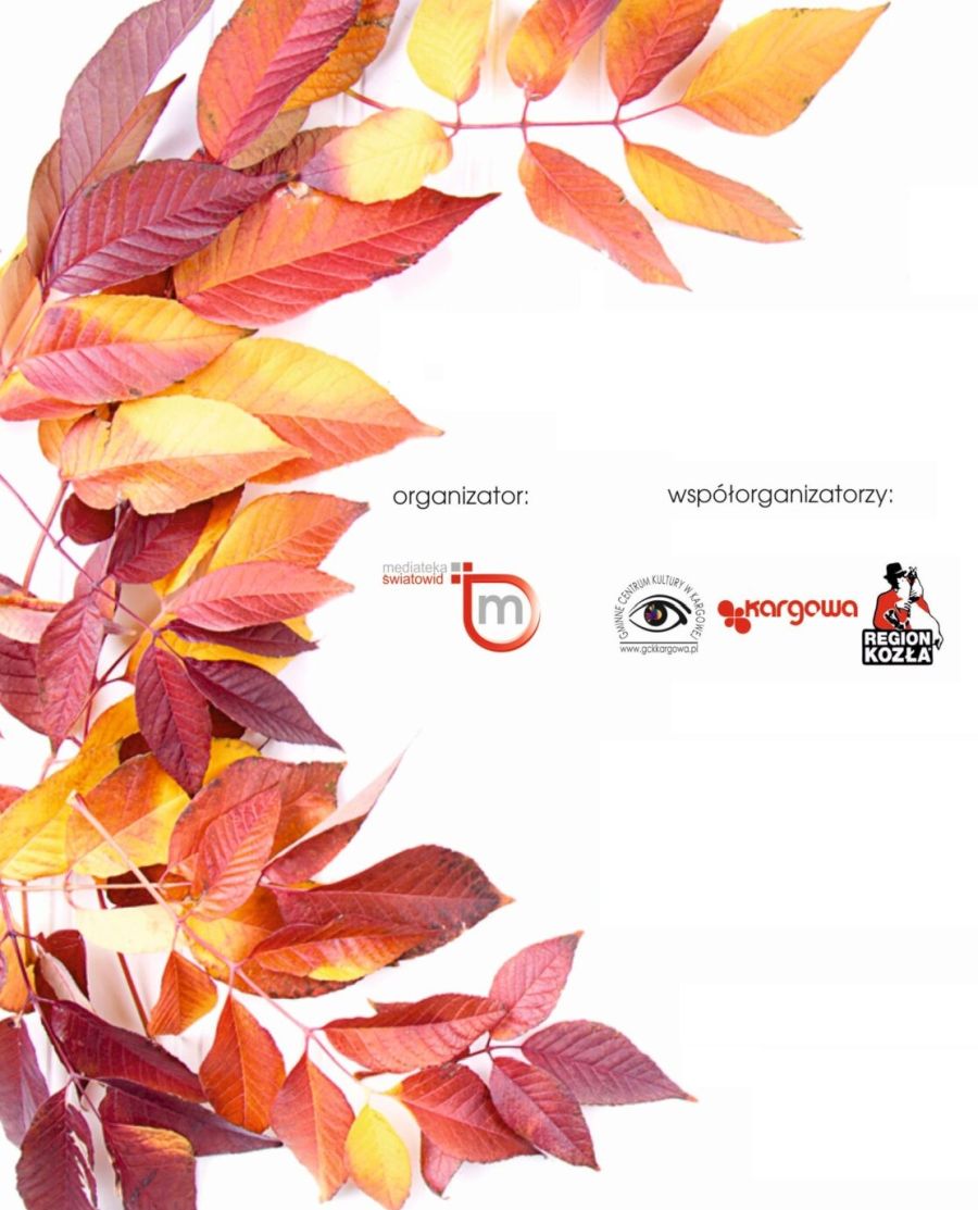 Logotypy organizatorów na plakacie konkursowym z motywem jesiennych liści.
