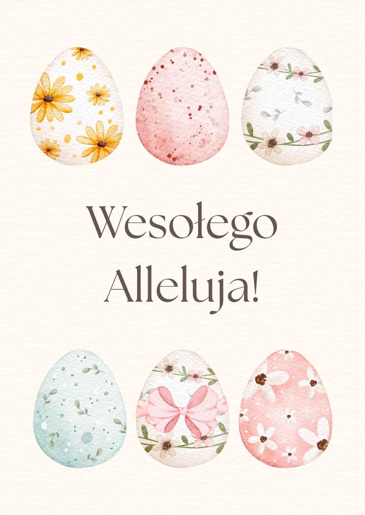 Kolorowe jajka, a w środku napis Wesołego Alleluja.