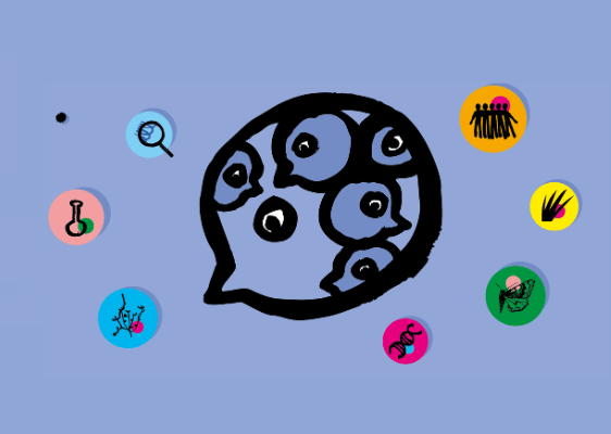 Piktogramy symbolizujące różne dyscypliny nauk, głównie przyrodniczych.