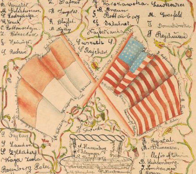 Flaga polska i amerykańska oraz podpisy na 