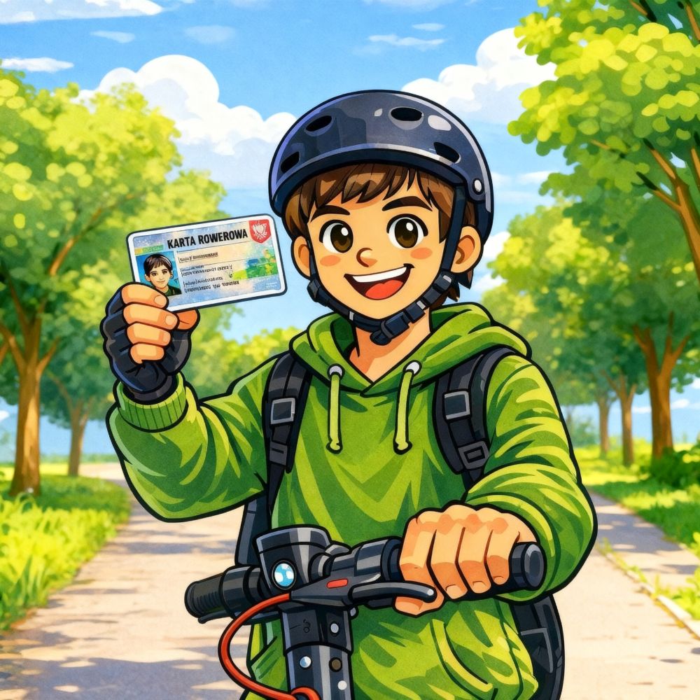 Chłopiec na hulajnodze elektrycznej pokazujący kartę rowerową.