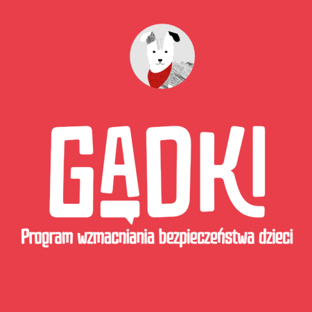 Czerwona grafika z nazwą programu Gadki oraz motywem pieska.
