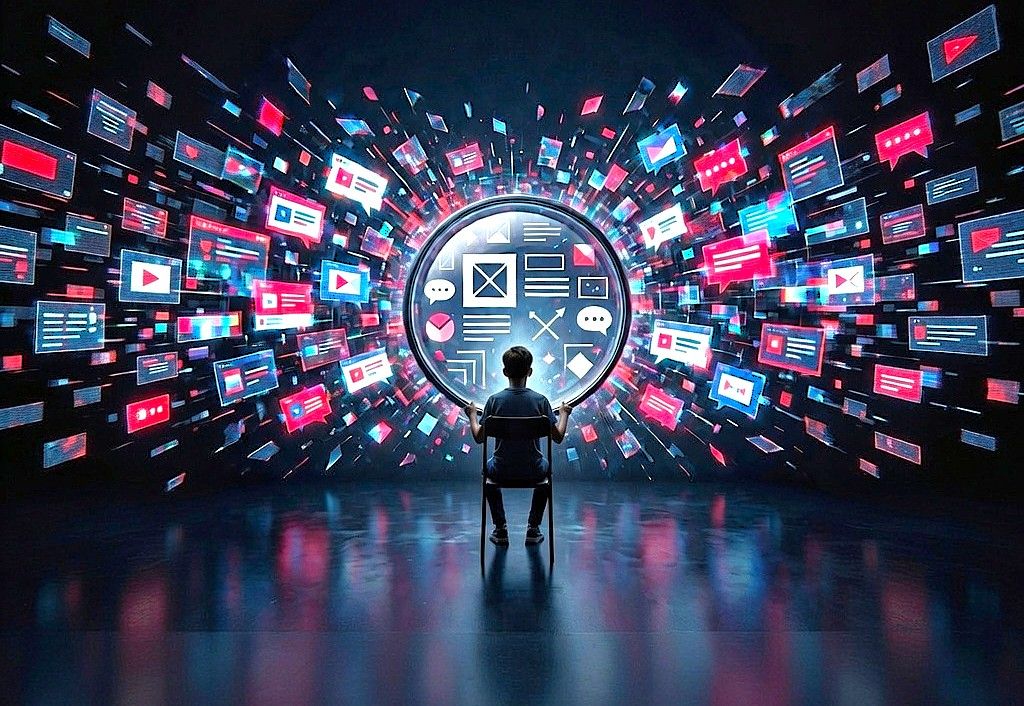 Nastolatek przed ścianą z licznymi ekranami w ruchu, symbolizującymi ogromny szum informacyjny.