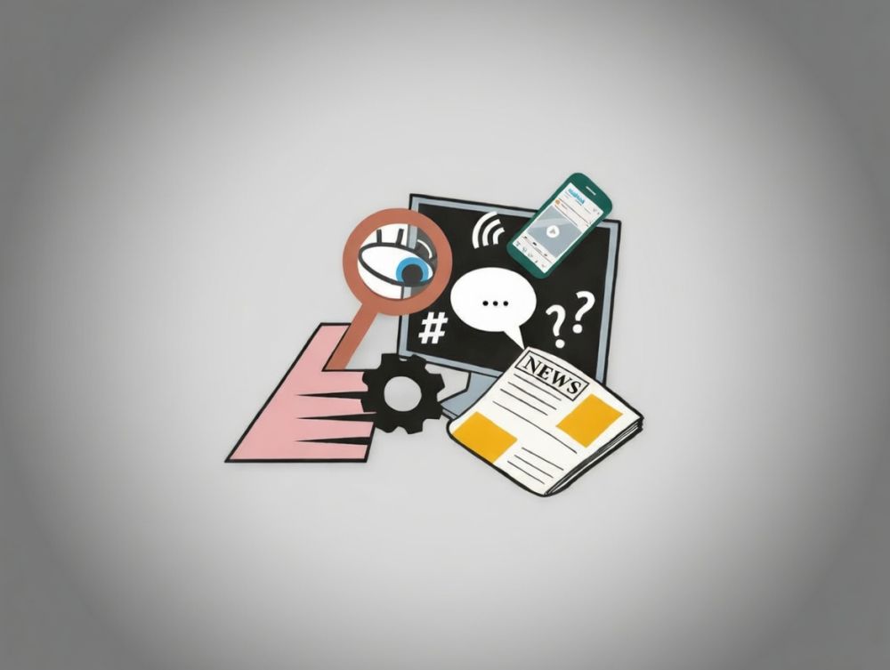 Różne media i atrybuty wyszukiwania informacji: gazeta, smartfon, monitor komputerowy, lupa.