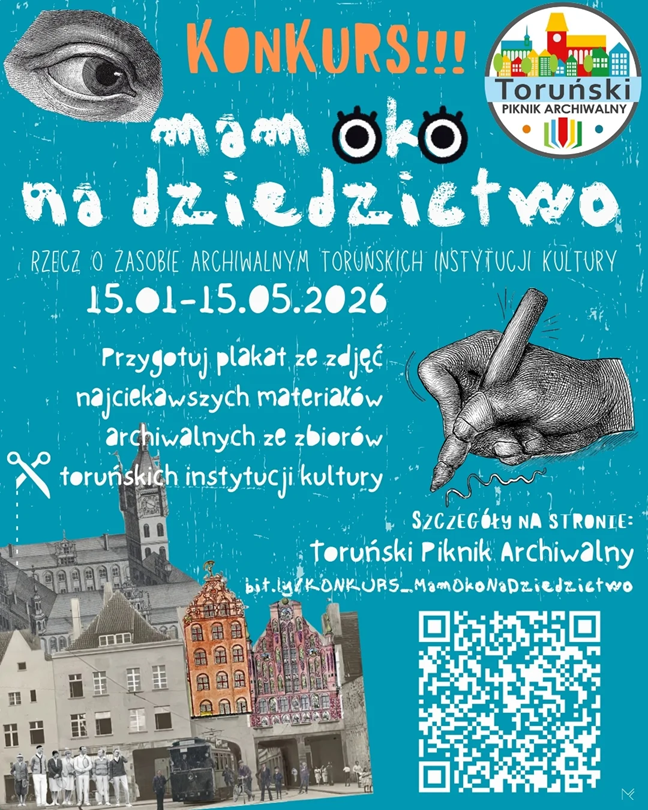 Plakat promujący konkurs, motywy toruńskich kamienic, logo Toruńskiego Pikniku Kulturalnego.