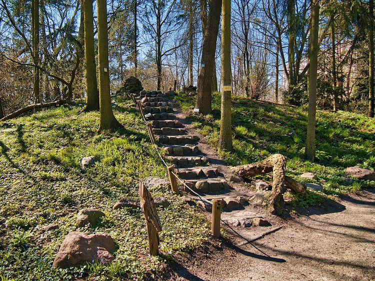 Ścieżka i kamienne schody w parku miejskim.