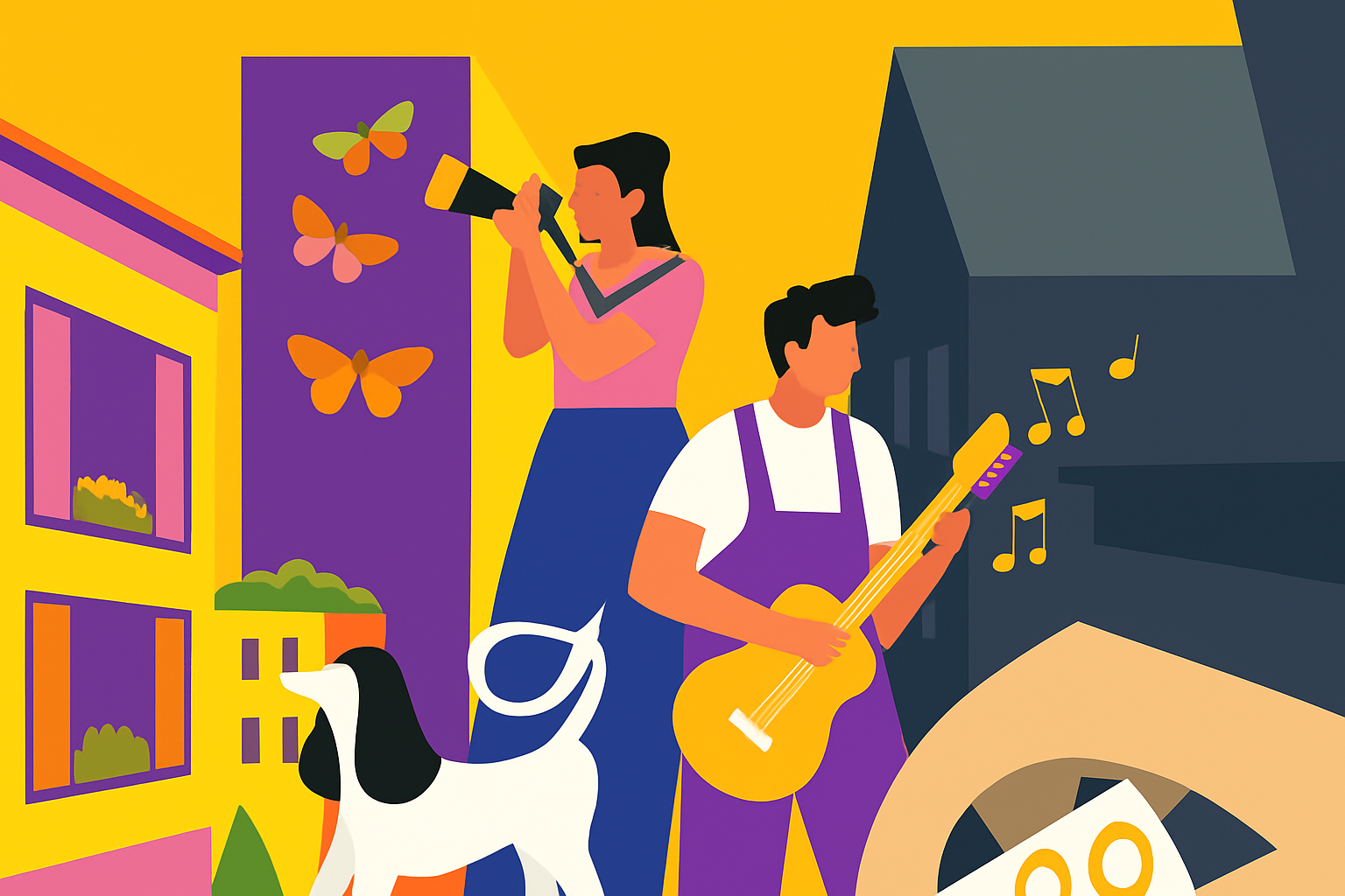 Fragment ulicy z zabudowaniami, mężczyzna z gitarą, kobieta z aparatem foto, pies.