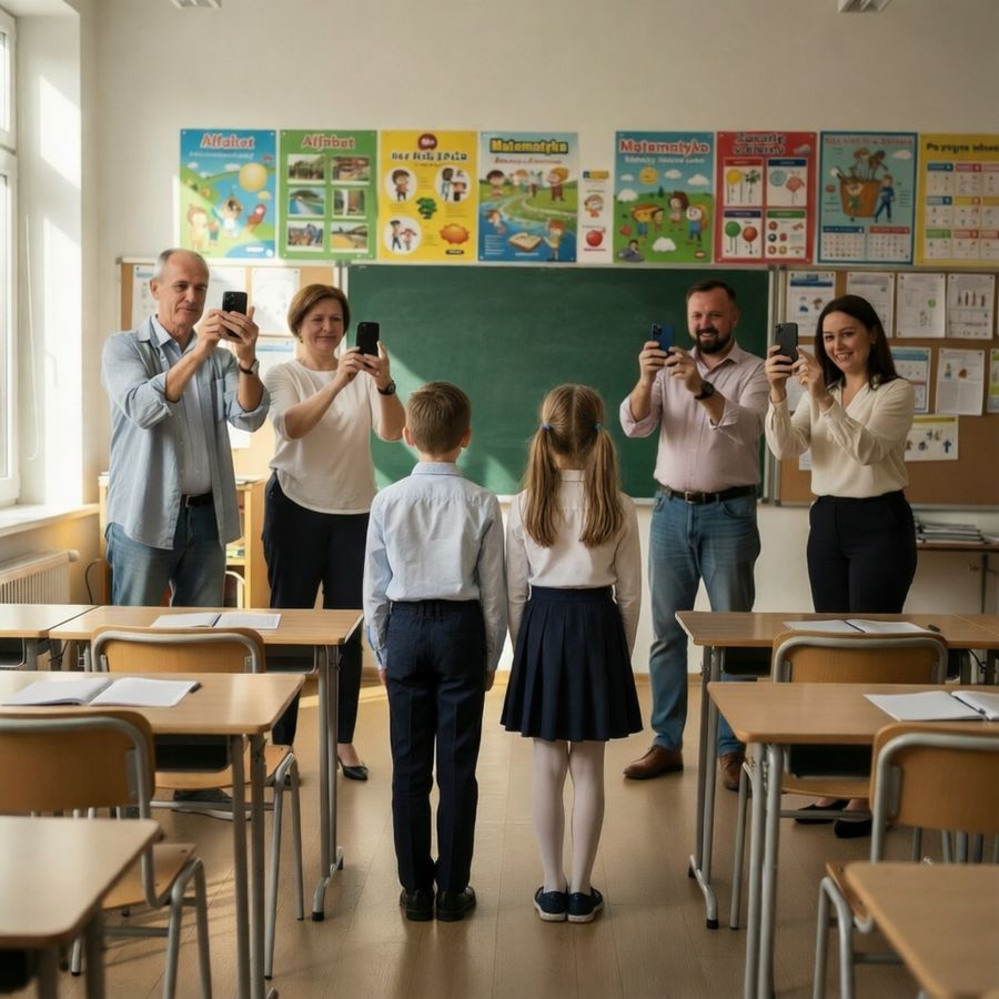 Dorośli robią zdjęcia dwojgu uczniów w klasie.