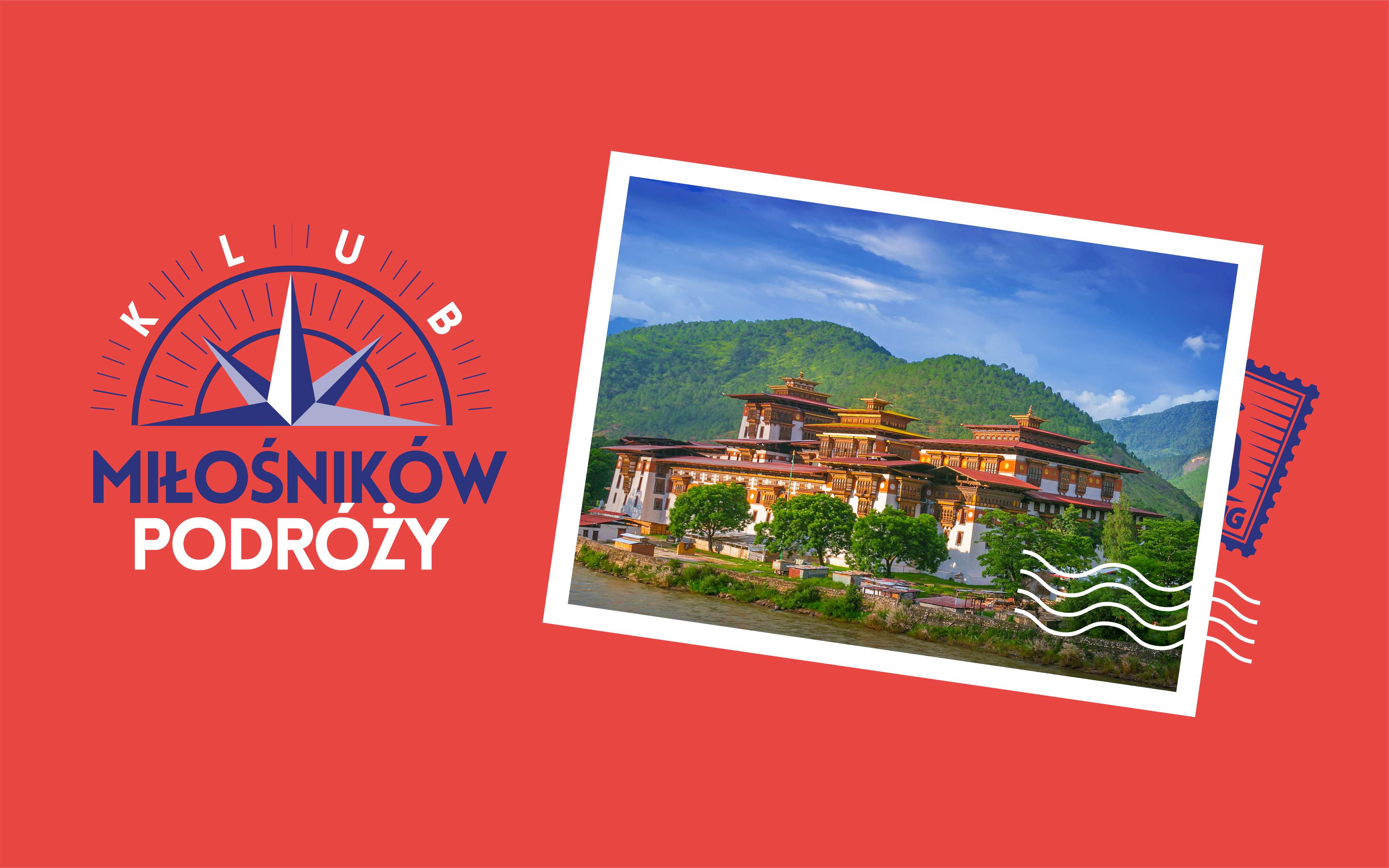 Na czerwonym tle z napisem Klub Miłośników Podróży jest kartka z widokiem na budowlę i góry.