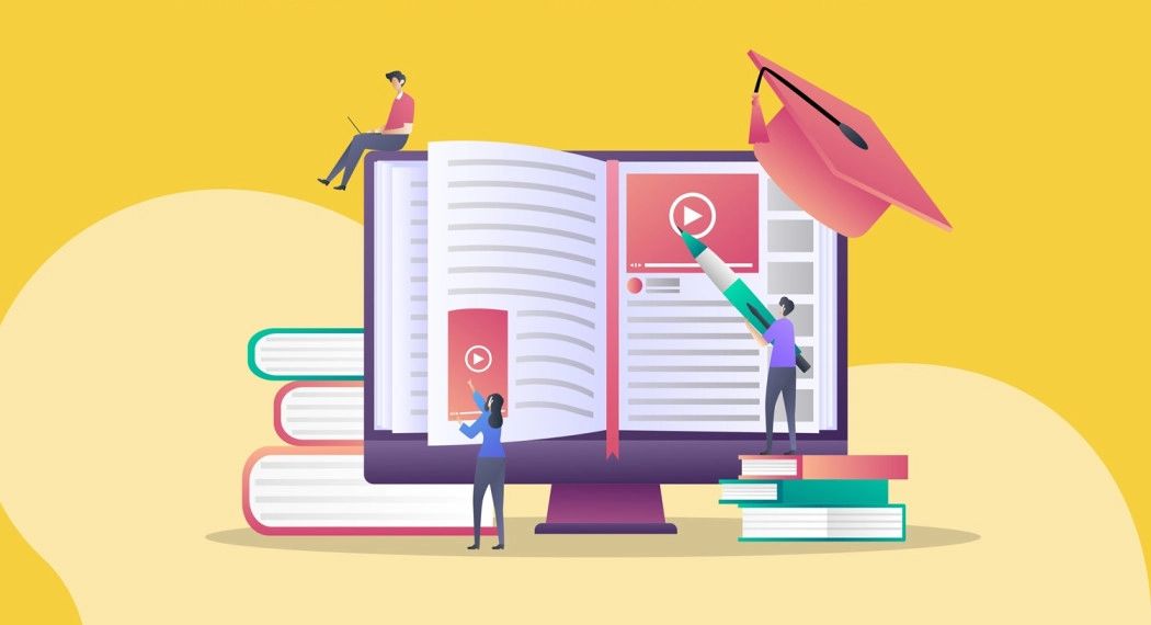 Rysunkowe postaci oraz monitor komputerowy, książki i czapka akademicka.