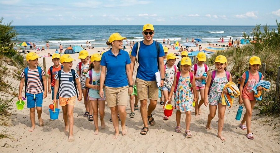 Grupa dzieci w równych czapeczkach z opiekunami na morskiej plaży. 
