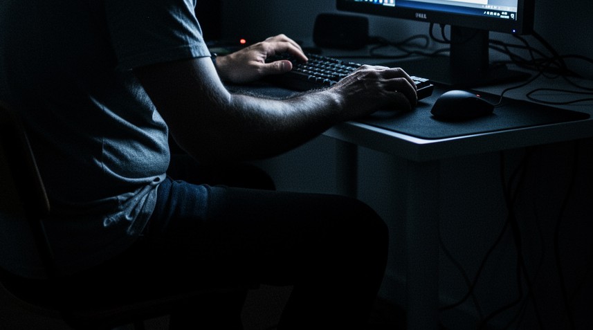Ręce mężczyzny na klawiaturze komputerowej w ciemnym pokoju.