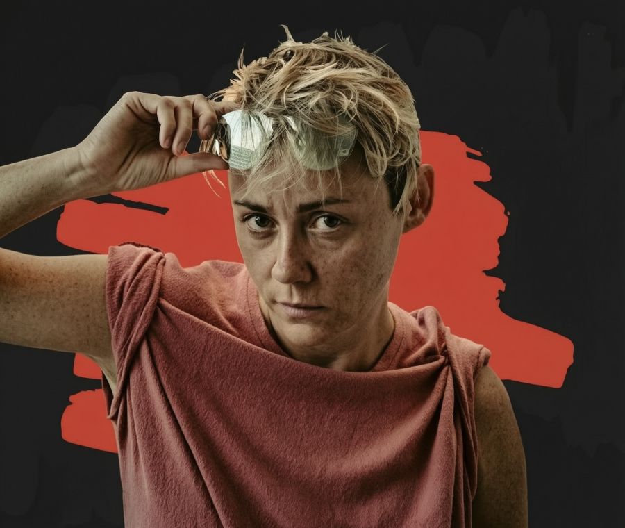 Portret kobiety unoszącej okulary na czoło.