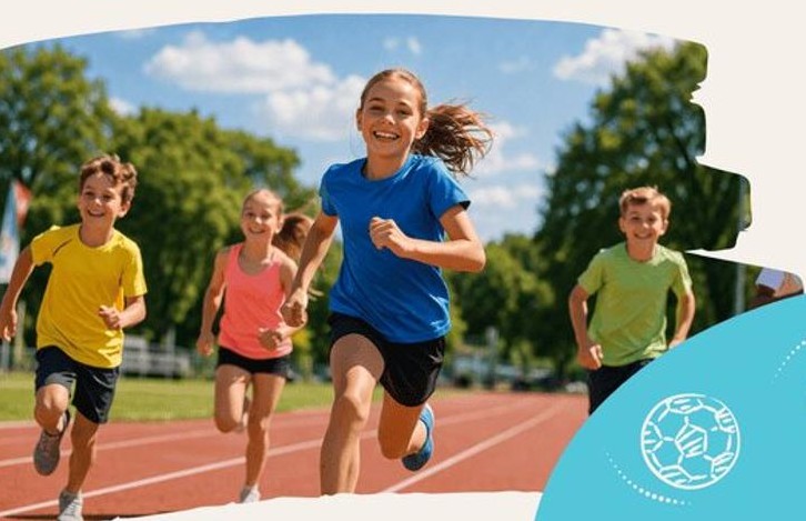 Dzieci biegną na stadionie.