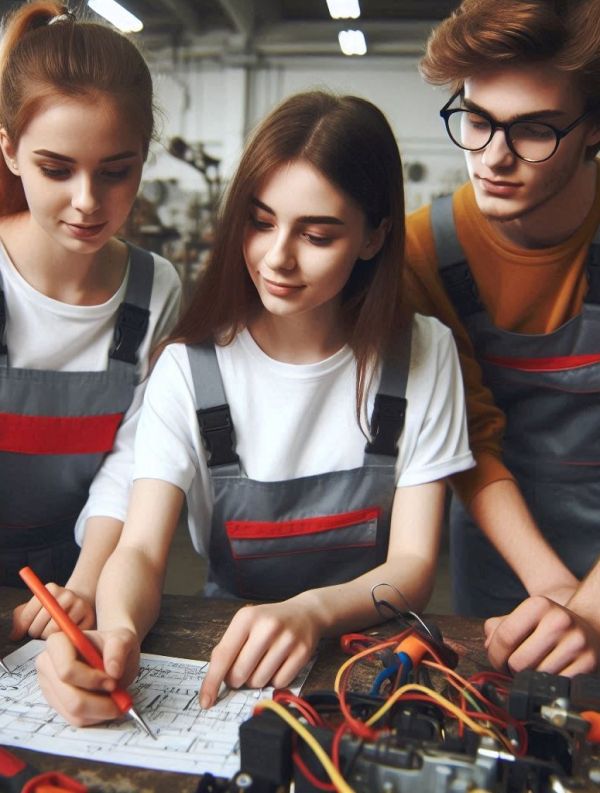 Troje nastolatków w strojach roboczych w warsztacie.