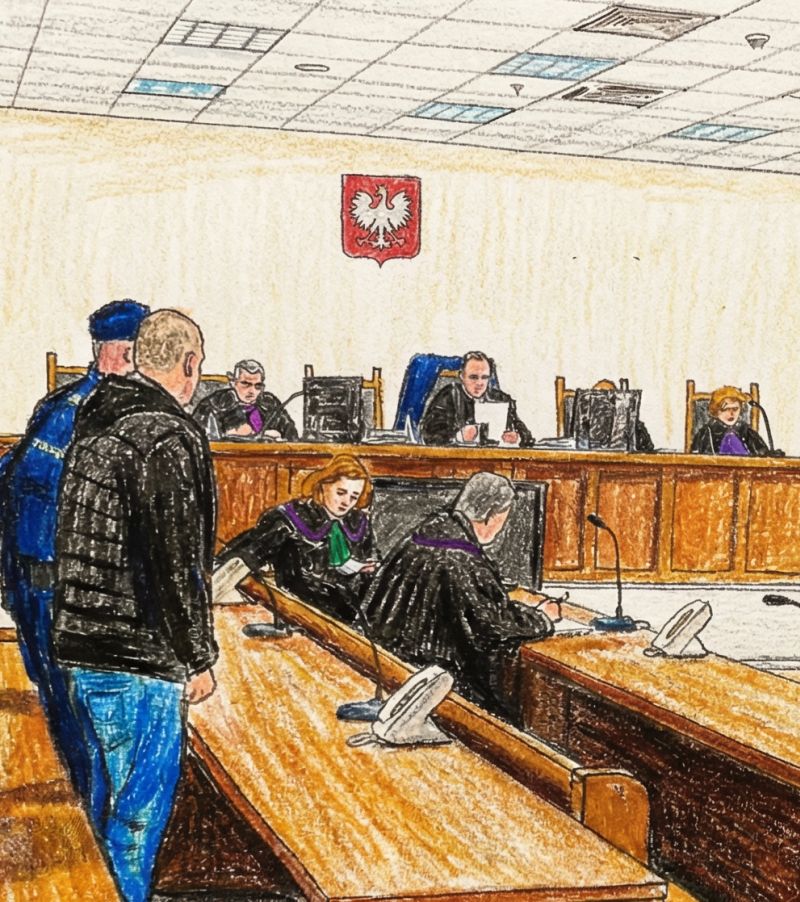 Sala rozpraw z sędziami, obrońcami, oskarżonym i policjantami. Rysunek kredką.