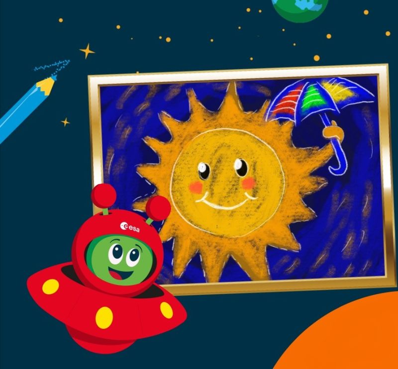 Postać rysunkowa, astronauta w statku kosmicznym, przelatuje obok obrazu ze słońcem trzymającym parasol.