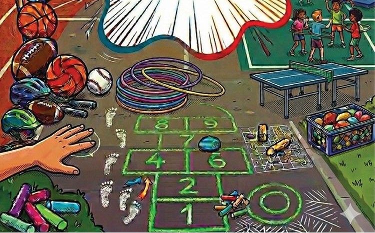 Boisko szkolne z akcesoriami do gier i zabaw sportowych.