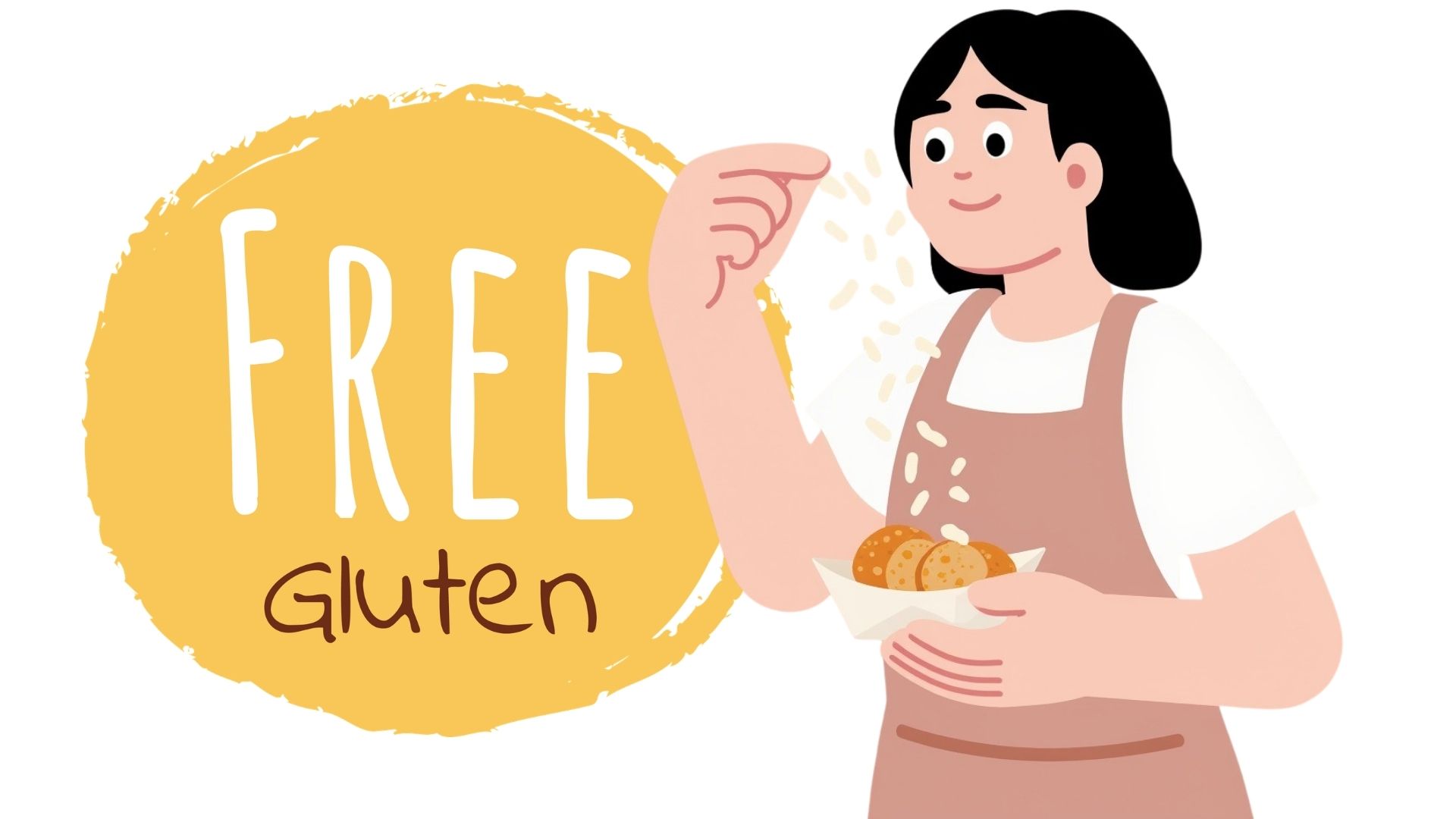 Rysunek dziewczyny, trzymającej w ręce koszyk z jedzeniem, obok napis: free gluten.