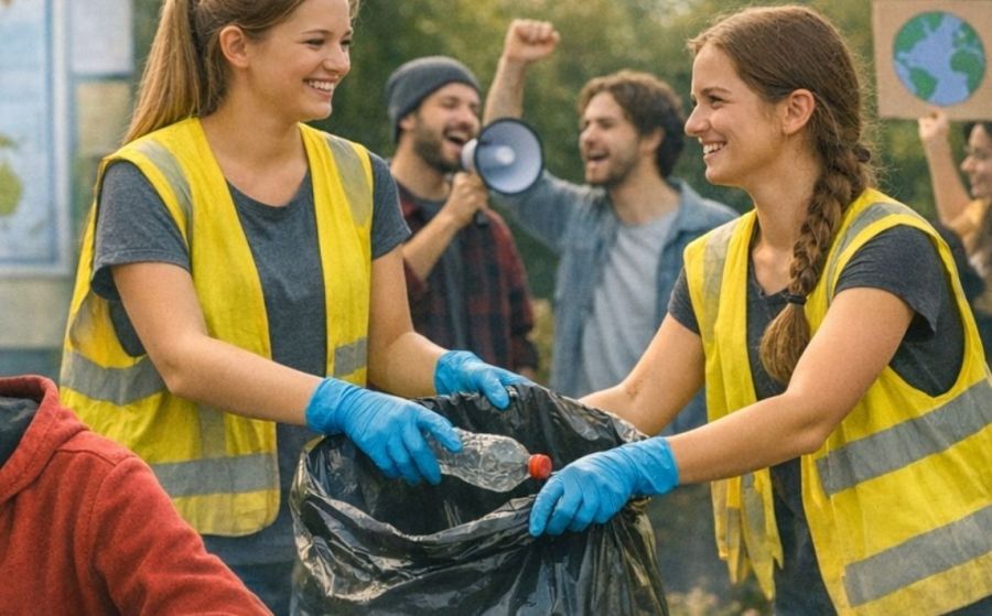 Młodzież podczas akcji społecznej z megafonem i podczas wspólnego zbierania śmieci.