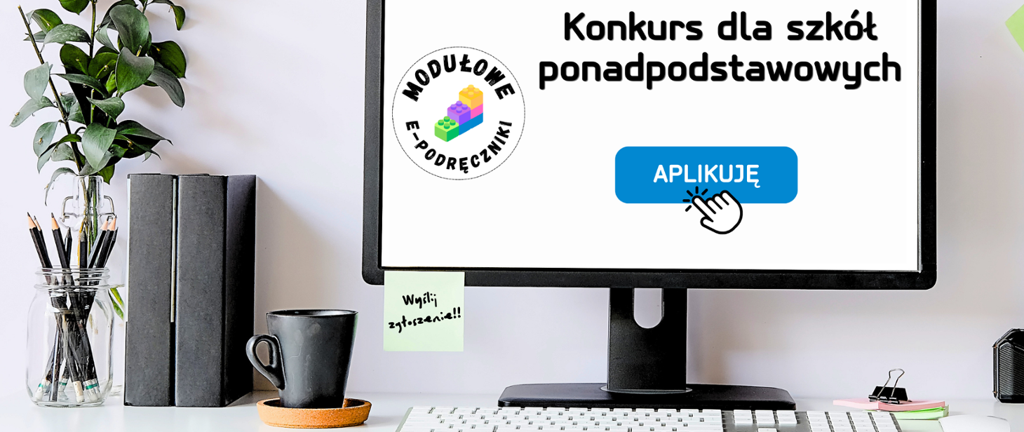 Grafika z monitorem wyświetlającym nazwę konkursu i przycisk Aplikuj.