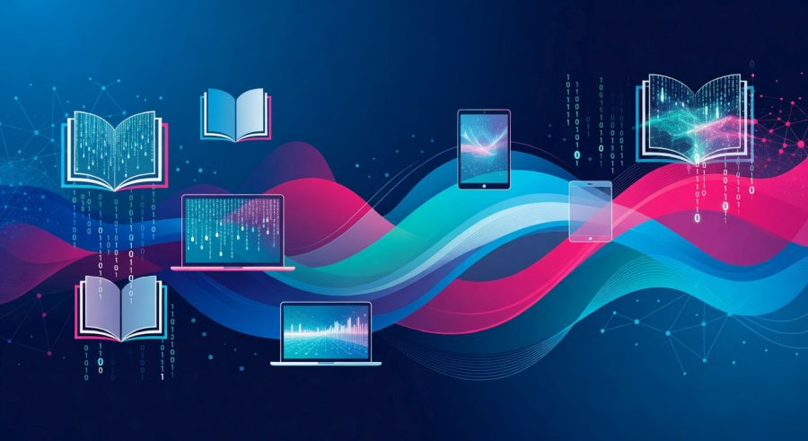 Urządzenia cyfrowe oraz ciągi zer i jedynek przenikające książki.