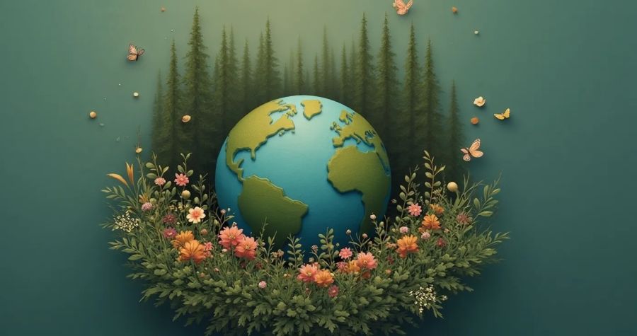 Kula ziemska otoczona lasami i kwiatami.