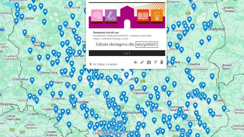Mapa Polski z pinezkami szkół i przedszkoli uczestniczących w projekcie "Szkoła dostępna dla wszystkich"