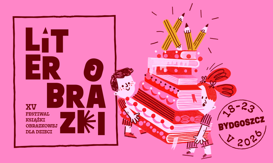 Tło w kolorze różowym, napis Literobrazki oraz tort z książek, który niosą rysunkowe postaci.