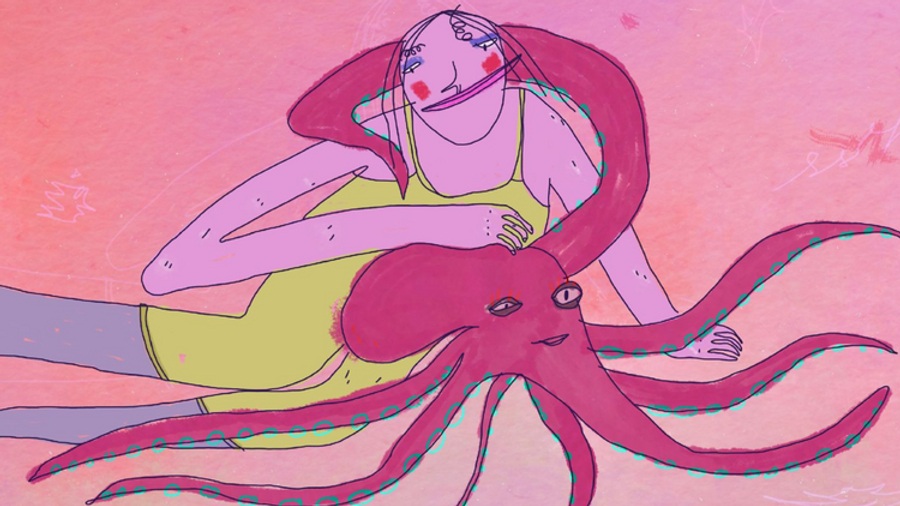 Rysunkowe postacie: człowiek i ośmiornica.