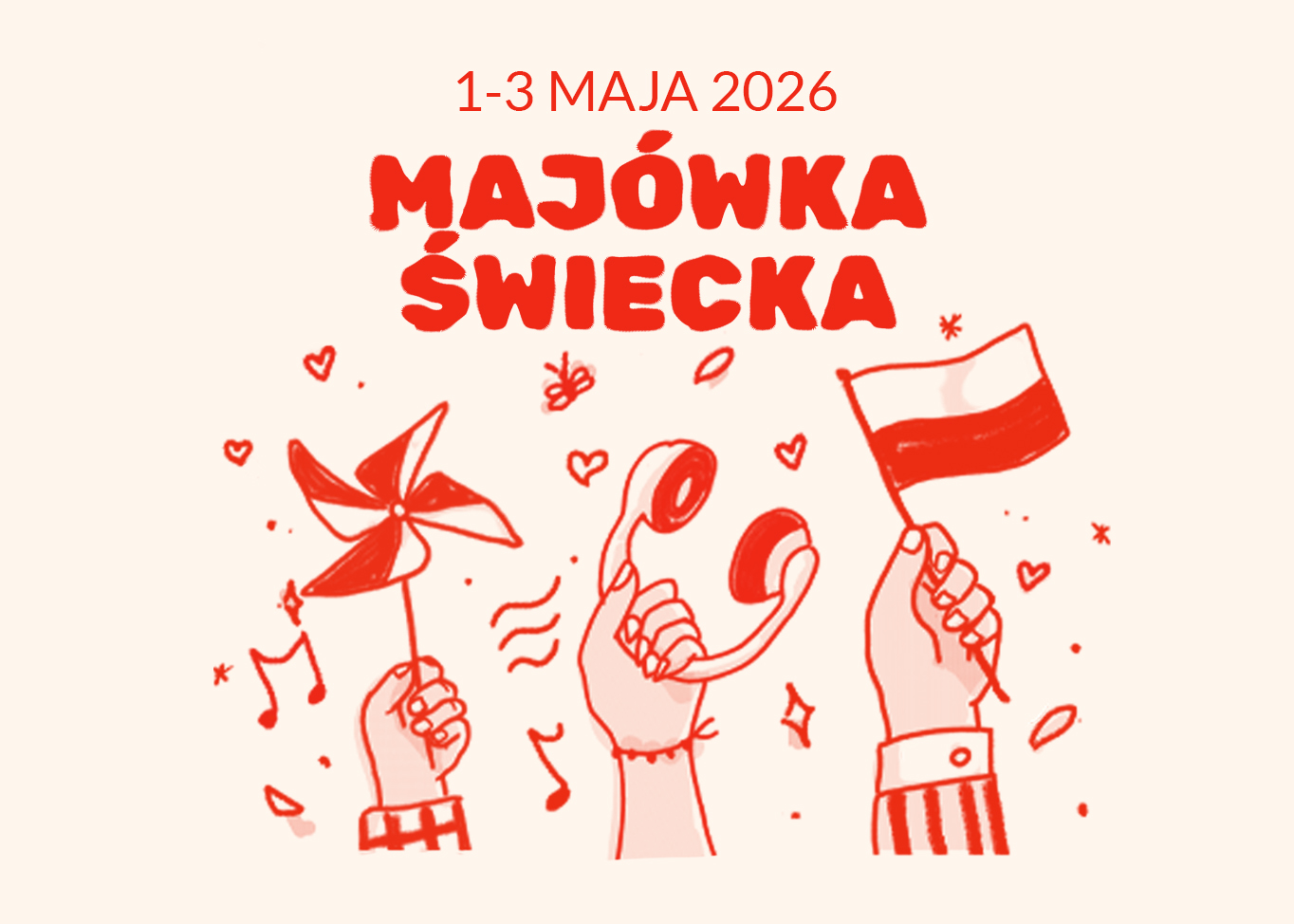 Ręce z wiatraczkiem, flagą Polski i słuchawkami, napis: majówka świecka.