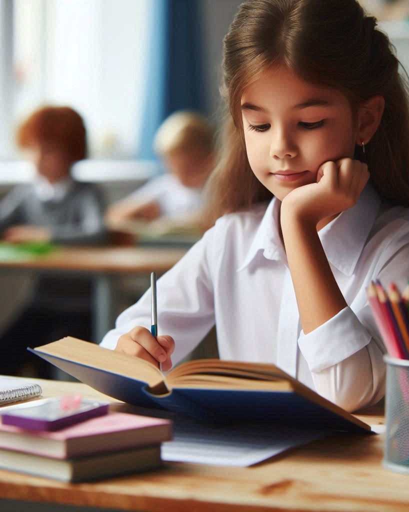 Uczennica czyta książkę w klasie.